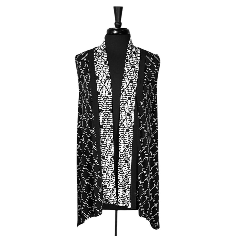 NWT Chico’s Travelers 2 L 14 Black White Geometric Mixed Print Open Front Vest